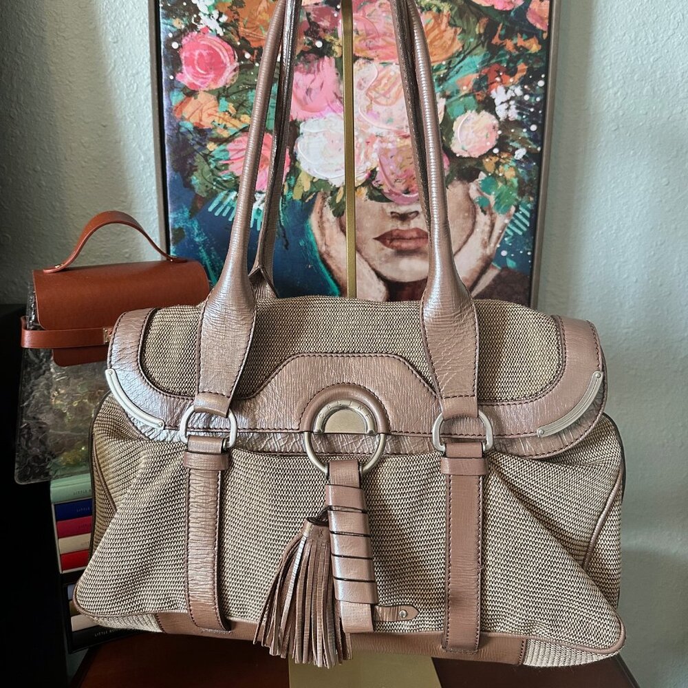 Celine Boston Bag Canvas and Patent Leather Fringe Shoulder Bag - EUC